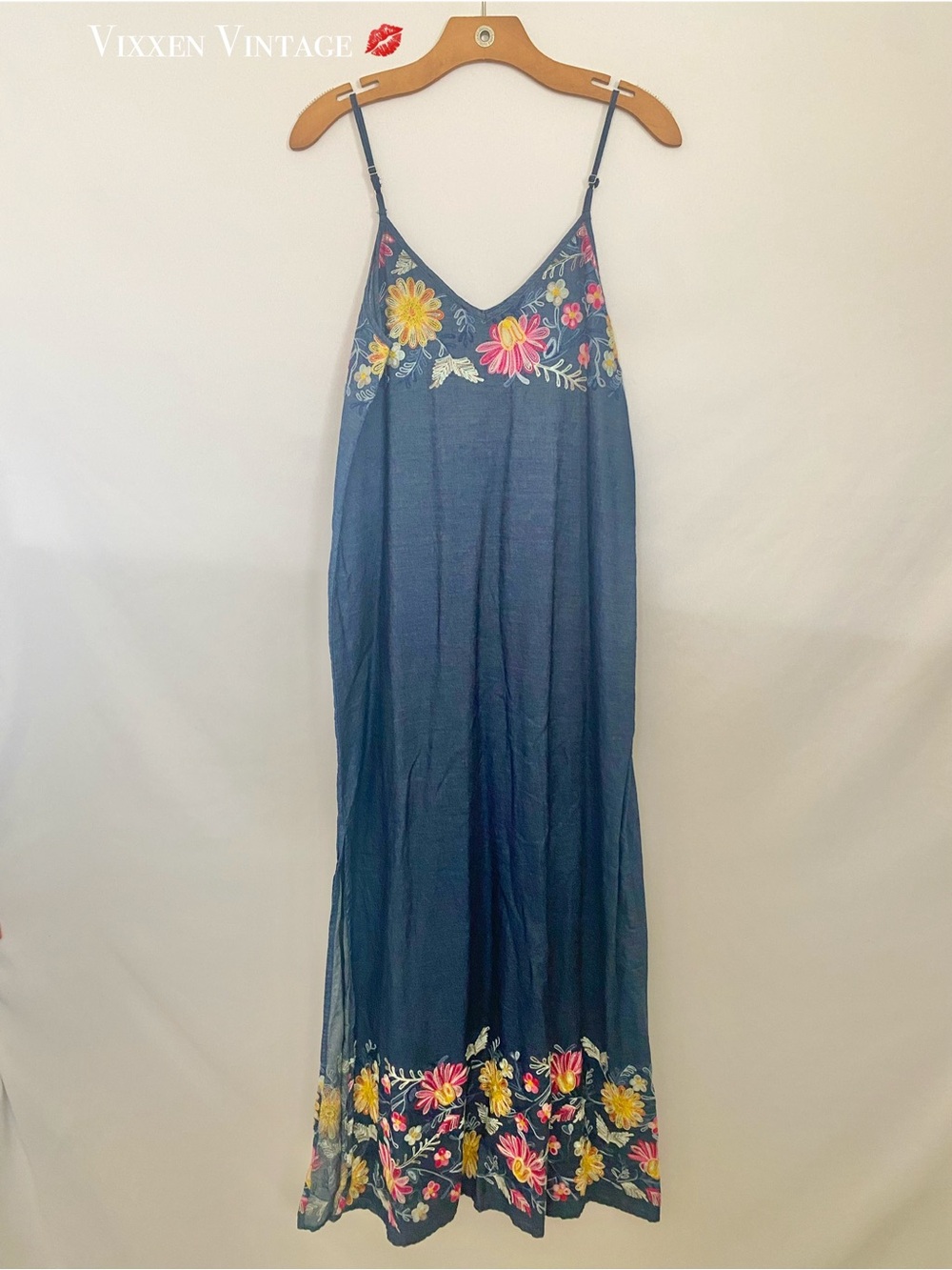 KAREN KANE FLORAL EMBROIDERED ‘PINK LEMONADE MAXI DRESS’ IN DENIM - Picture 7 of 7